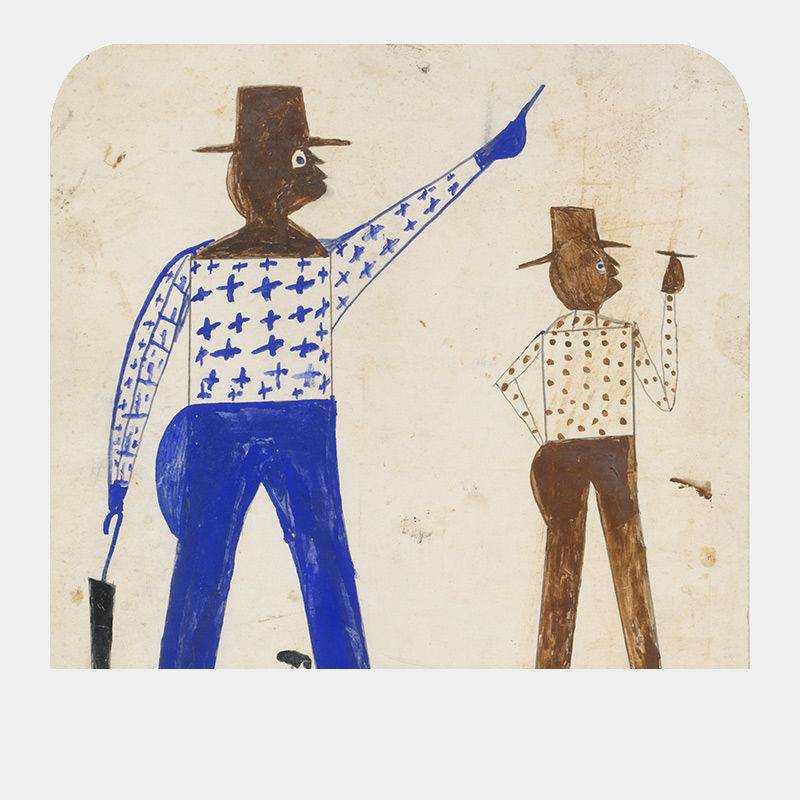 Drawing of a man with blue pants pointing upwards while a man behind him holds something thin in his right hand.